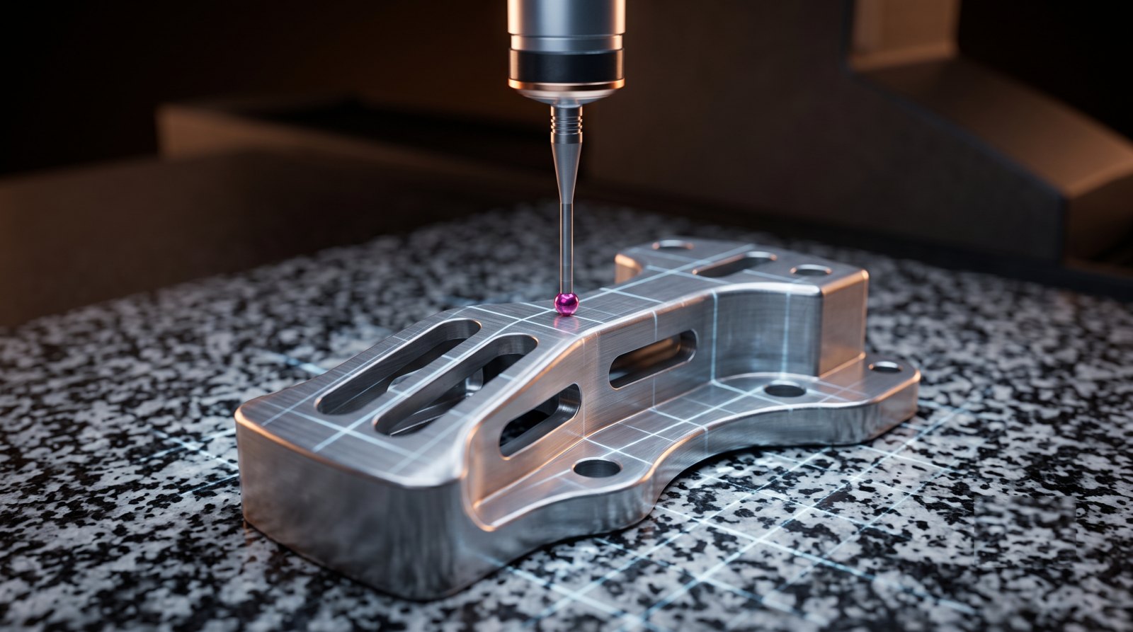 CMM probe inspecting a precision machined part