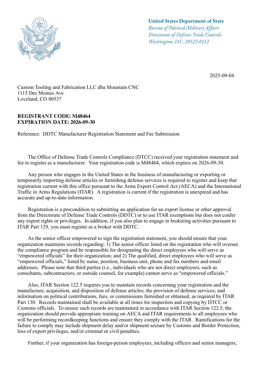 Mountain CNC ITAR registration letter M48464 from the U.S. State Department DDTC